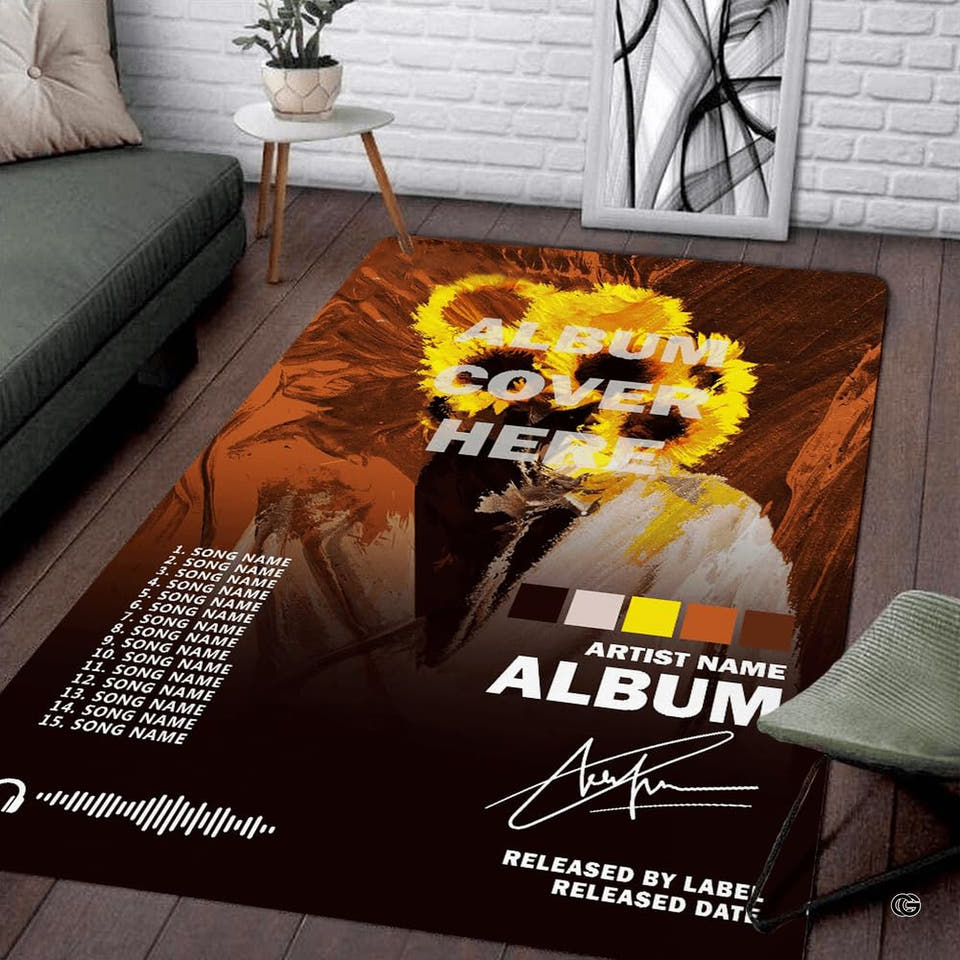 Music studio area rug featuring fiery sunflower skull art and audio tracklist motif.