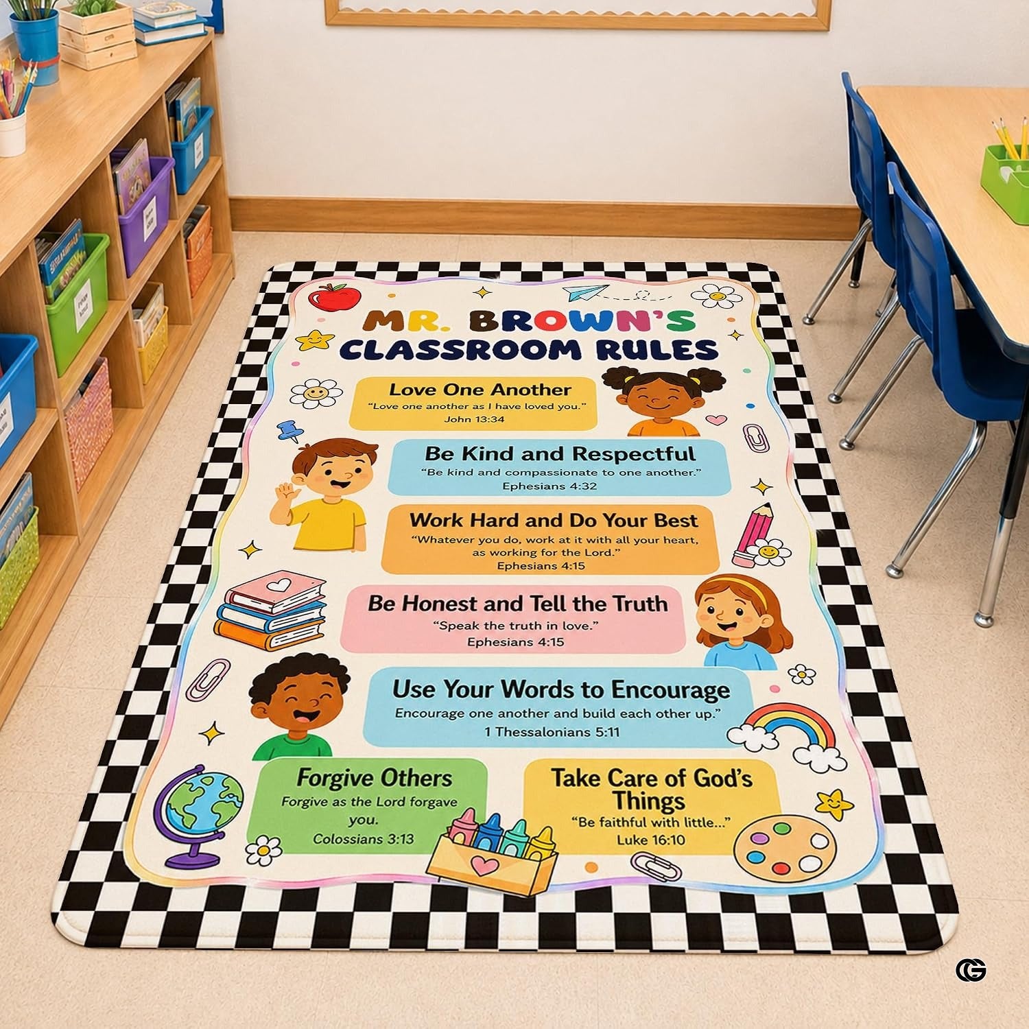 Personalized Teachers Classroom Rug, Custom Teacher Name Classroom Rules Area Rug, Feeling Chart Calming Corner Mat, Kindergarten Educational Back to School Class Decor (D4)
