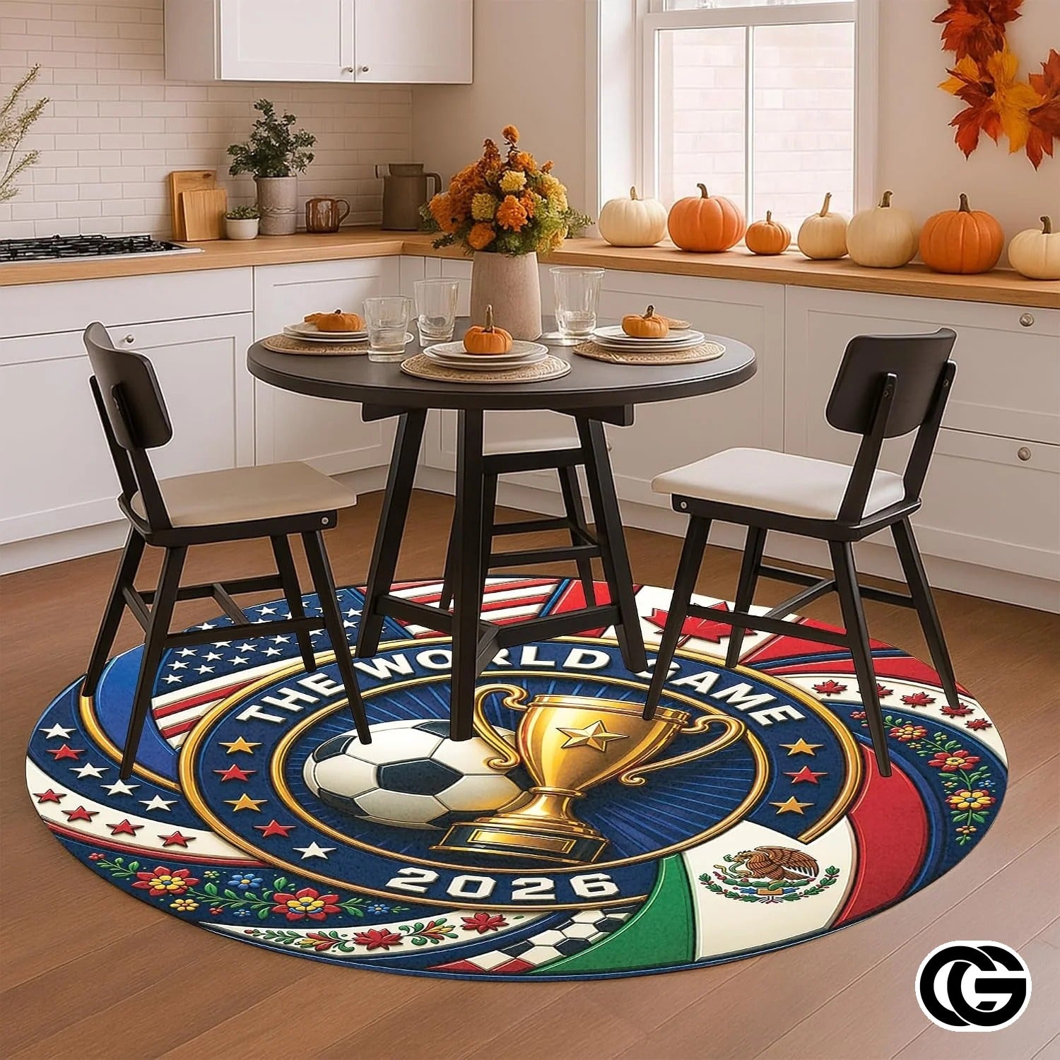 Custom Soccer Round Rug with Trophy and World Flags