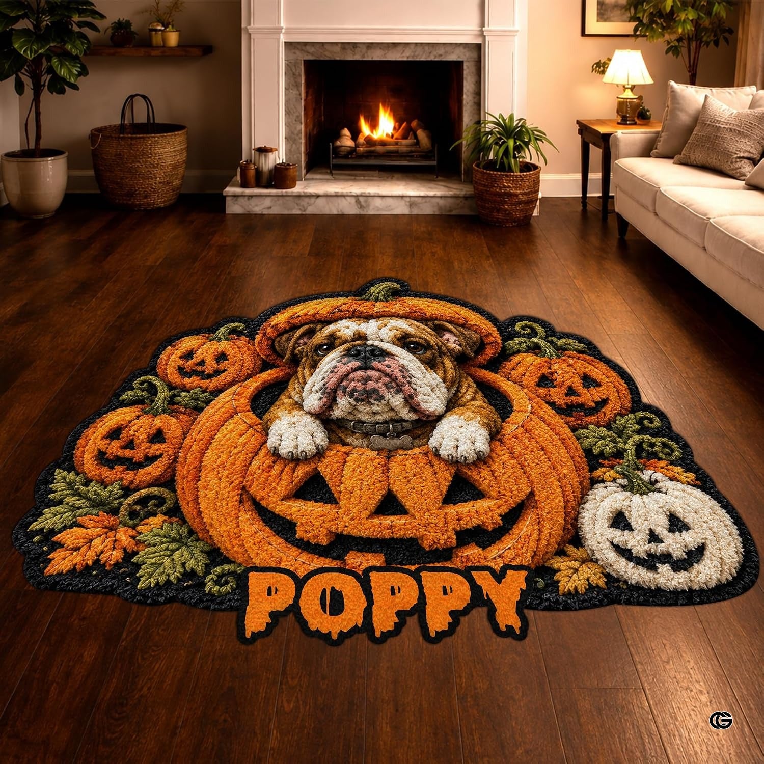 Custom Dog Photo Rug, Personalized Pet Portrait Area Mat Non Slip Indoor Door Rug for Dog Lovers, Welcome Home Decor Halloween (Pumpkin Halloween)