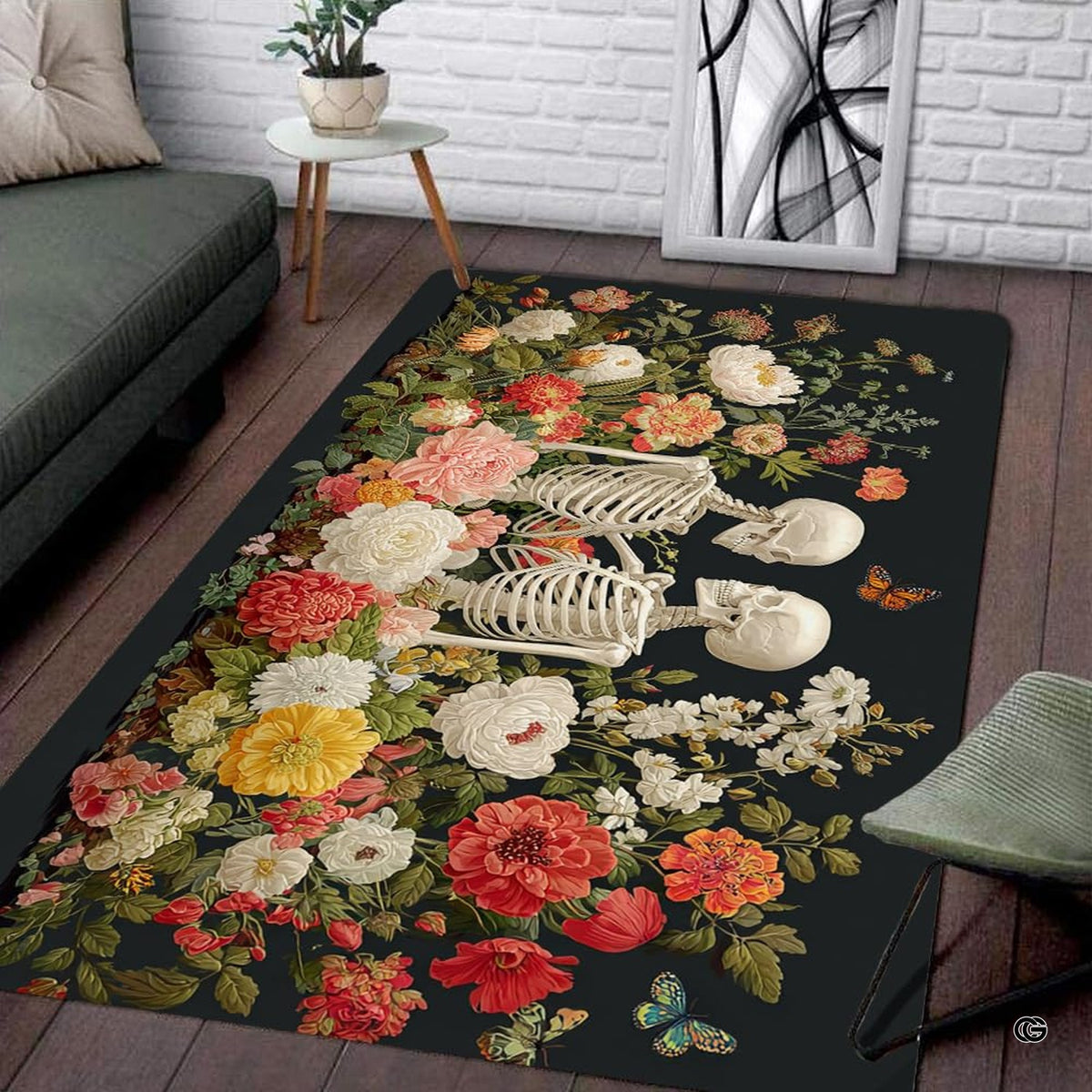 Outdoor patio mockup displaying the floral skeleton lovers area rug - image 8 of 8