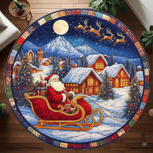 Top-down view of round area rug featuring Santa in a sleigh riding through a snowy village under a full moon.