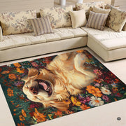 Decorative floral golden retriever rug positioned beside wood furniture and potted plants. - thumbnail image 5 of 5
