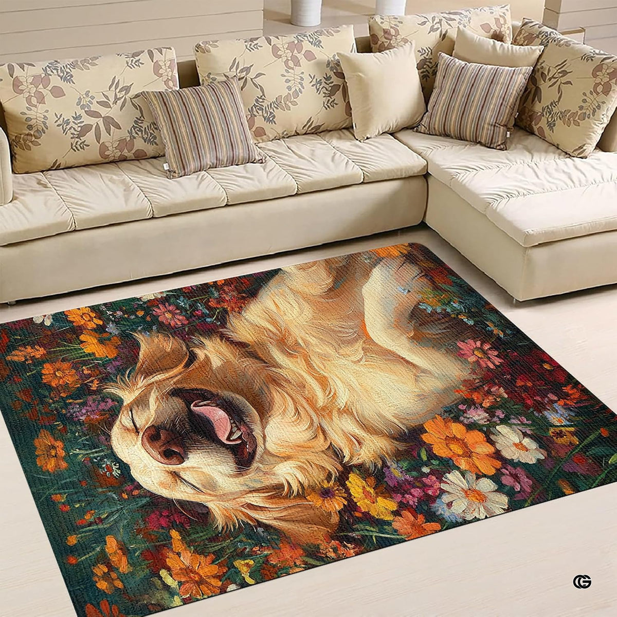 Decorative floral golden retriever rug positioned beside wood furniture and potted plants. - image 5 of 5