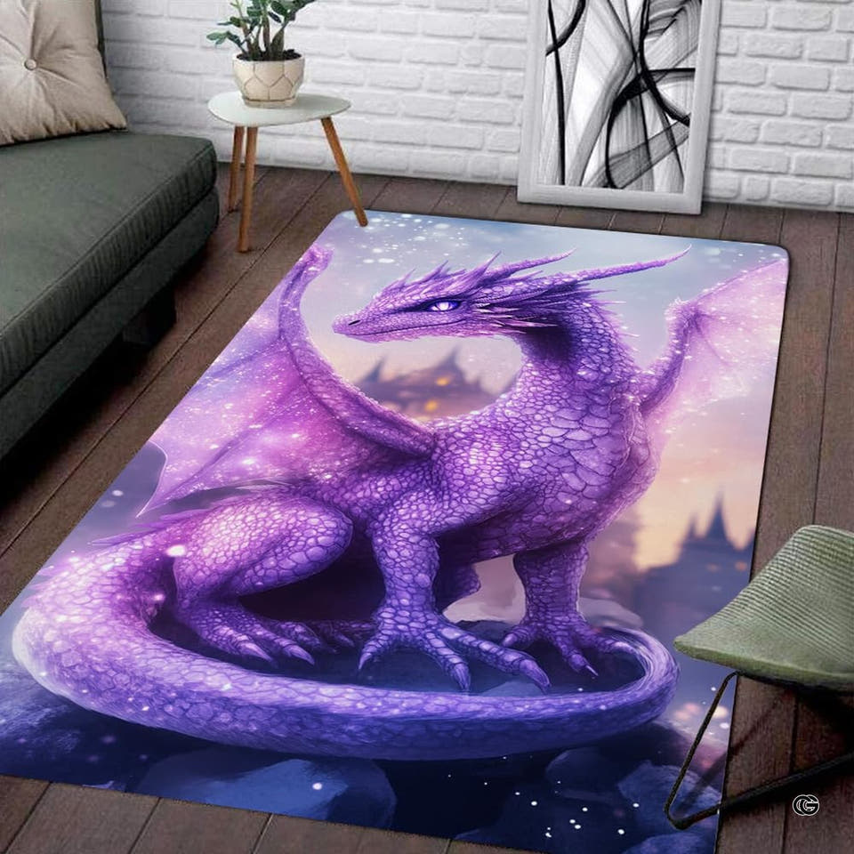 Living room seating setup featuring the celestial purple dragon fantasy castle area rug