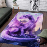 Living room seating setup featuring the celestial purple dragon fantasy castle area rug