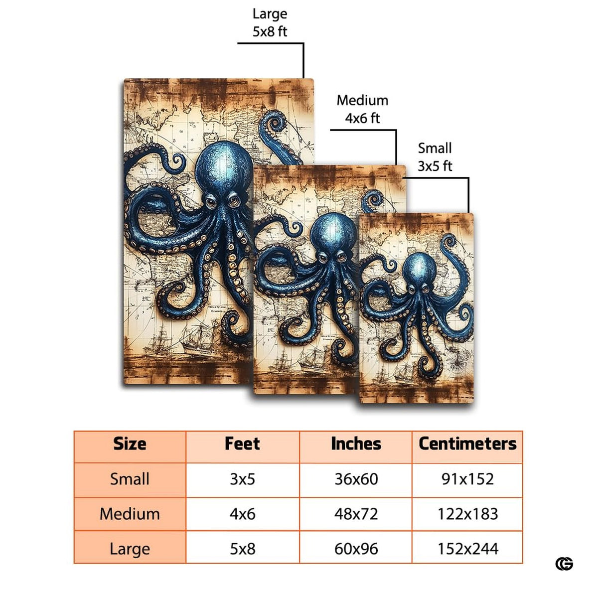 Octopus nautical map area rug displayed beside living room couch and side table.