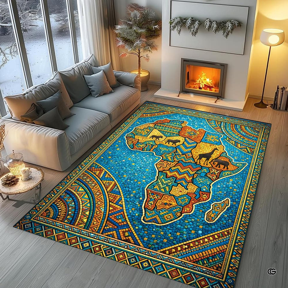 African continent mosaic tribal safari wildlife area rug in primary perspective