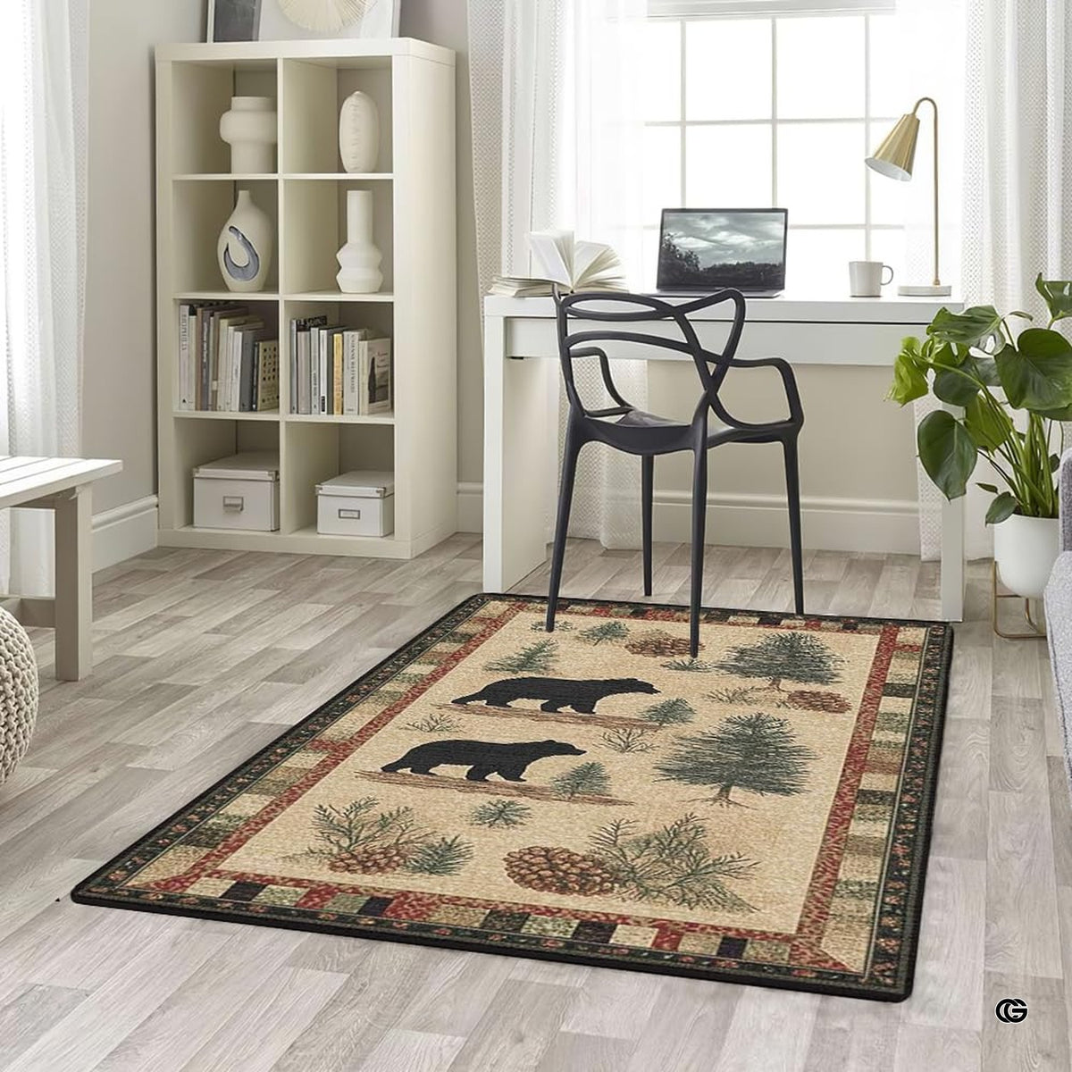 Overhead layout view of the rectangular rustic black bear trail pinecone wildlife area rug