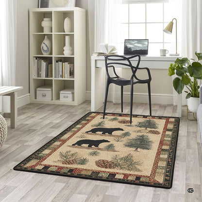 Overhead layout view of the rectangular rustic black bear trail pinecone wildlife area rug - thumbnail image 5 of 5