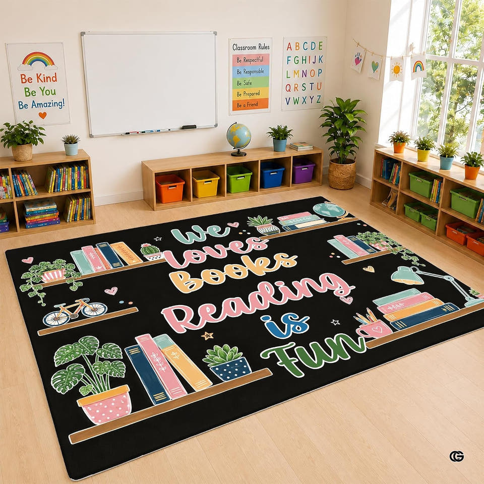 Full flat layout of botanical literacy classroom area rug displaying potted greenery on dark ground