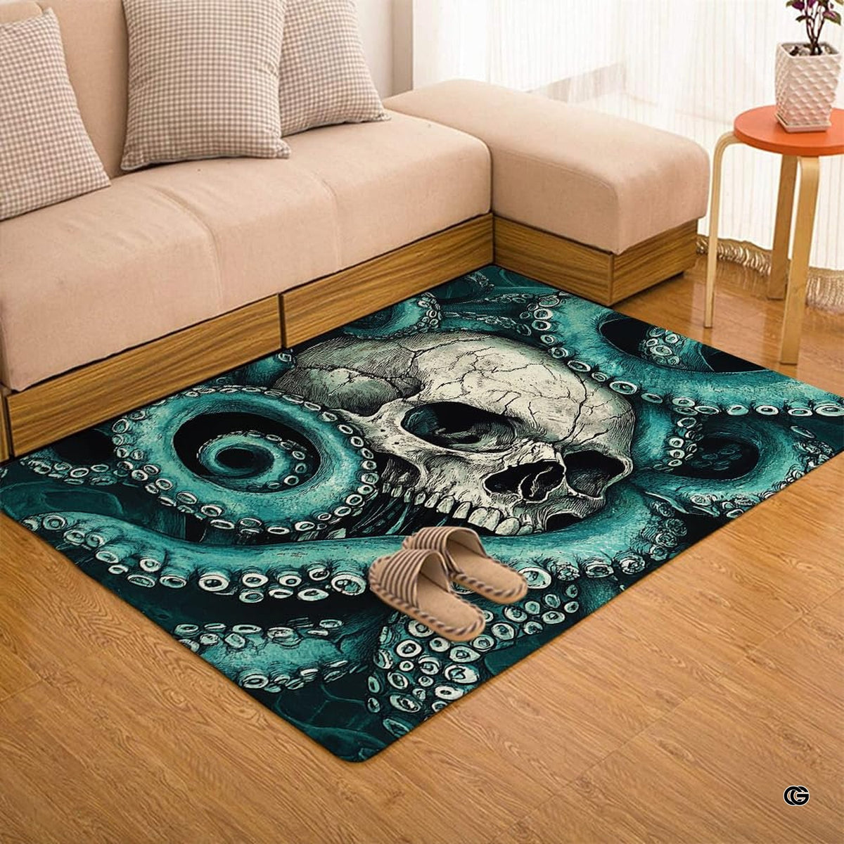 Anti-slip dot backing and clean hemmed edge stitching on kraken octopus rug