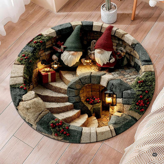 Round gnome rug with stone stairwell, lanterns, gifts, and deep opening illusion