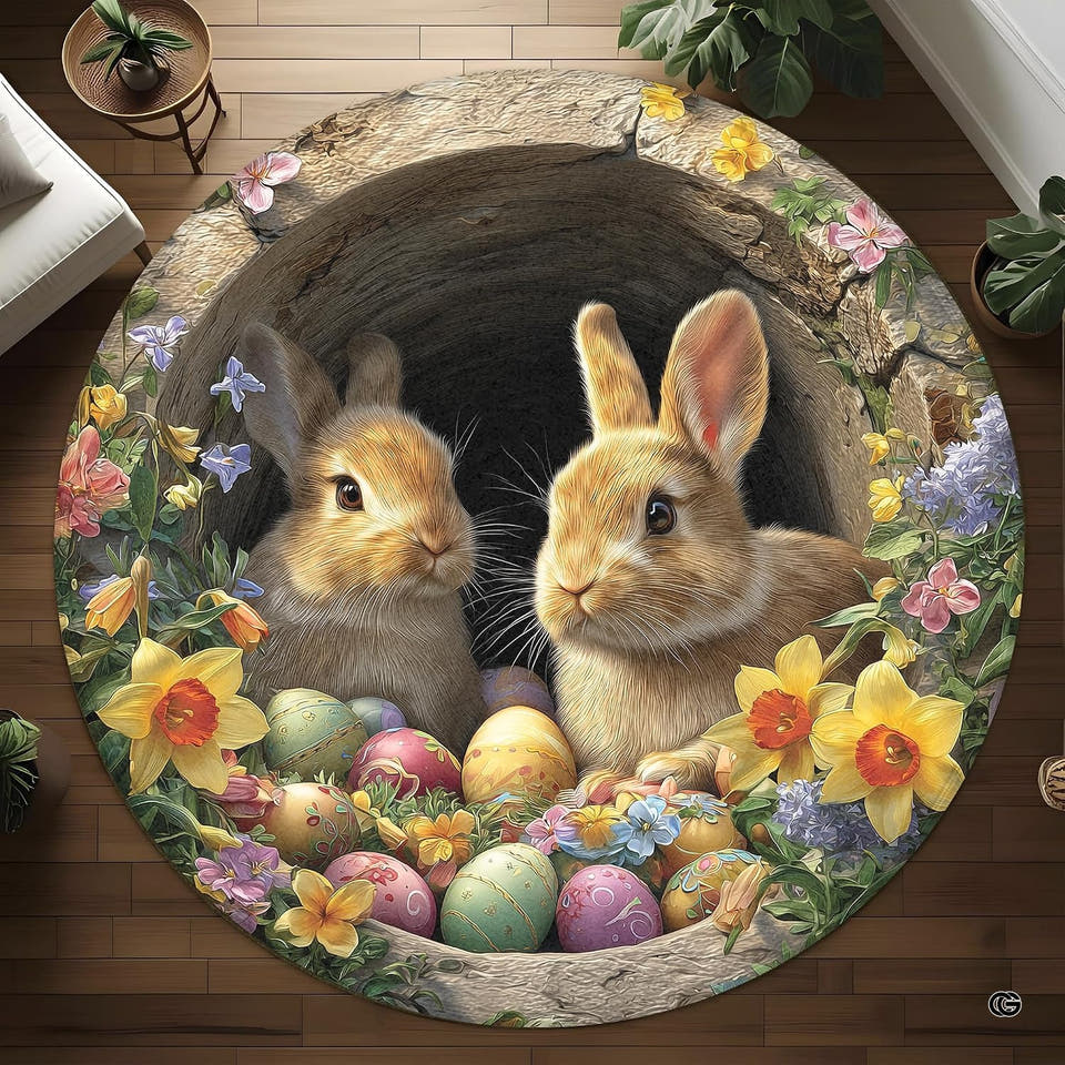 Round area rug on a wood floor featuring two bunnies, eggs, and flowers