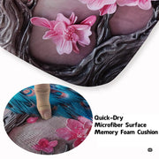 Peacock green area rug displaying detailed cherry blossom branches and colorful wildlife motifs. - thumbnail image 3 of 7