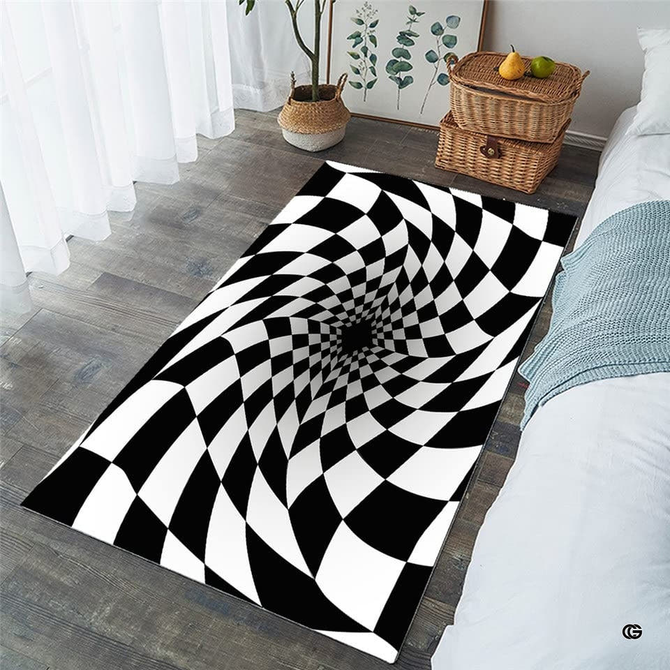 Bedroom setting displaying a rectangular 3D checkerboard spiral vortex optical illusion rug on wood floor.