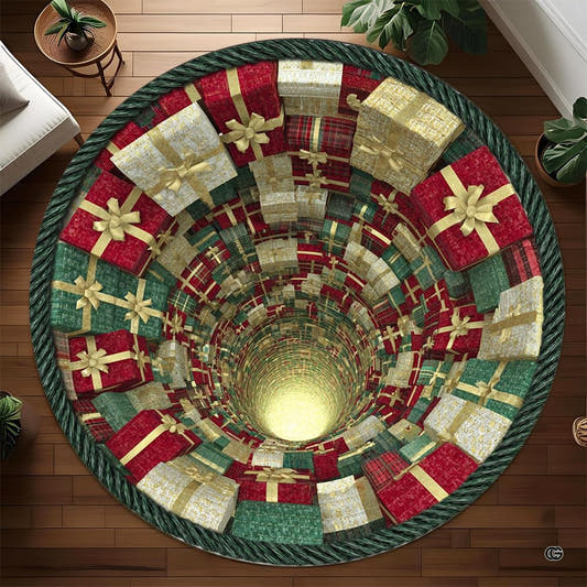 Christmas gift box vortex illusion round area rug displayed on wood flooring with braided rope border.