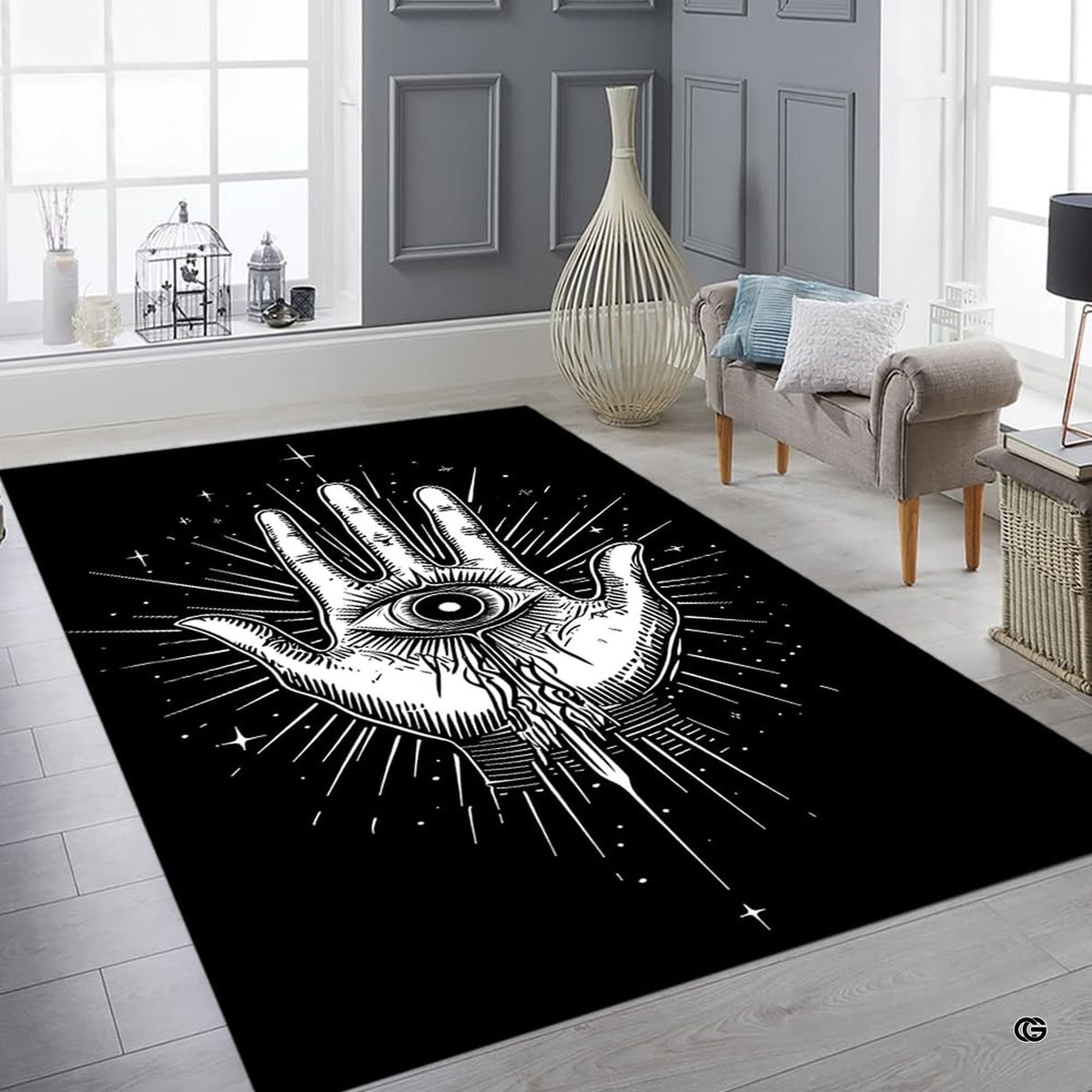 Detailed perspective of white talismanic linework across dark floor covering. - image 6 of 8