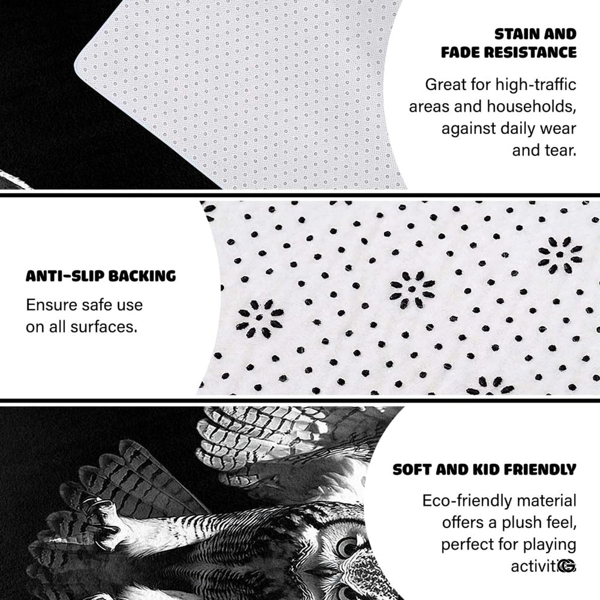 Flying owl monochrome floor carpet displayed in cozy living room interior - image 6 of 8