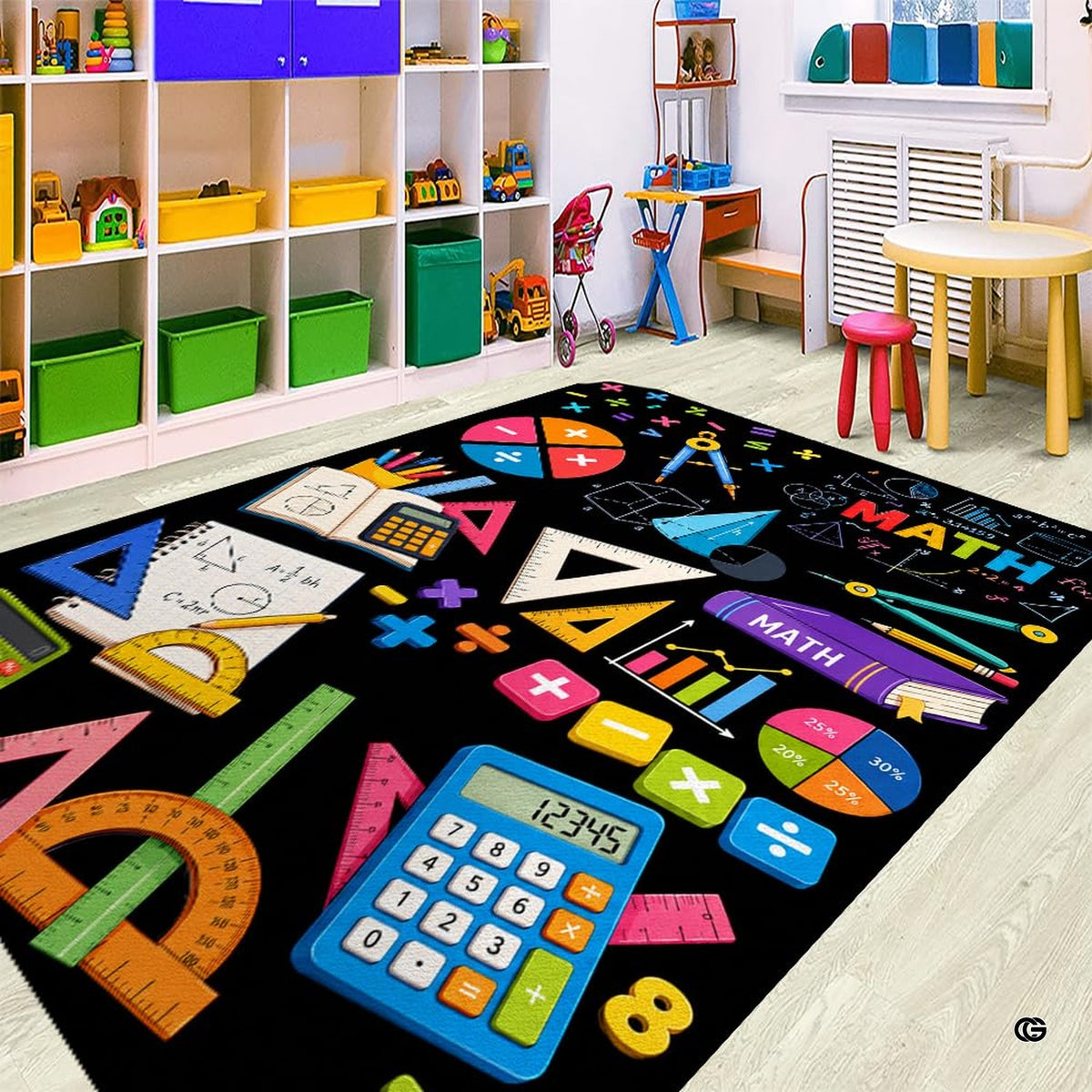 Dimension chart displaying size options for math classroom area rug.