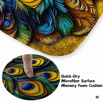 Close-up view of ornate peacock plume eye patterns rendered in amber gold and rich copper tones. - thumbnail image 3 of 7