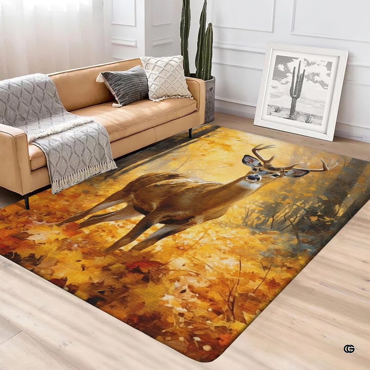 Autumn forest deer area rug styled inside a rustic cabin bedroom beside wooden side tables.