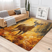 Autumn forest deer area rug styled inside a rustic cabin bedroom beside wooden side tables. - thumbnail image 4 of 7