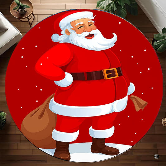 Top-down view of round area rug featuring an illustrated Santa Claus standing on snow against a red background.
