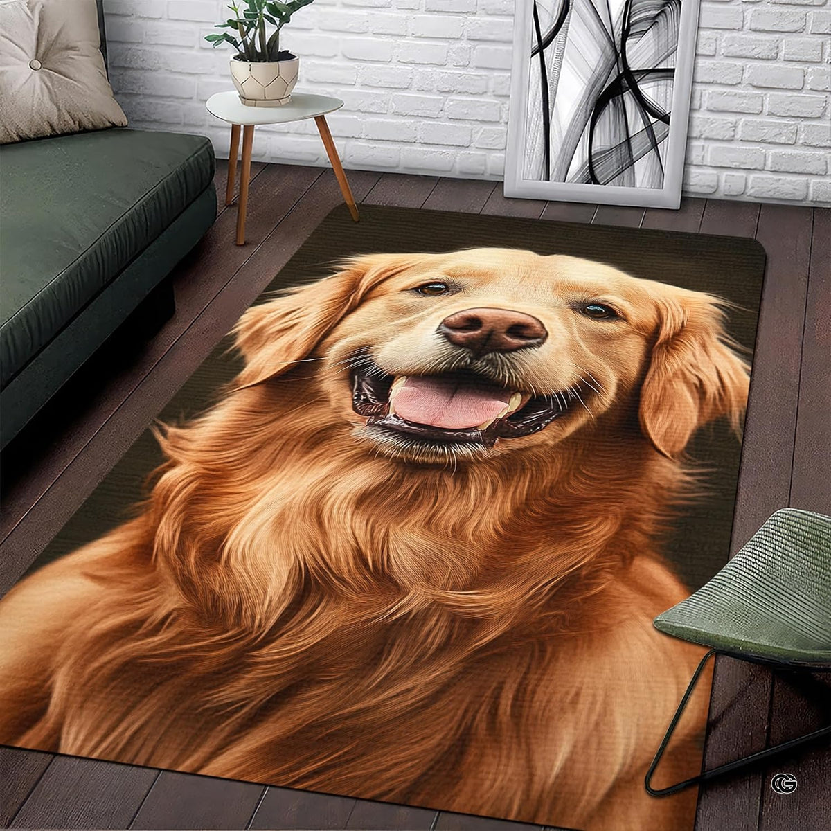 Golden retriever area rug showing a joyful dog face with panting tongue in amber and honey tones. - image 1 of 5