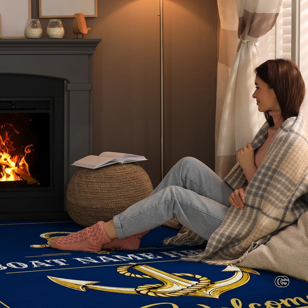 Custom Boat Rug, Personalized Welcome Aboard Mat with Boat Name, Nautical Area Rug for Deck, Entryway or Floor, Anchor Marine Decor, Boating Gift (Boat Rug 02)