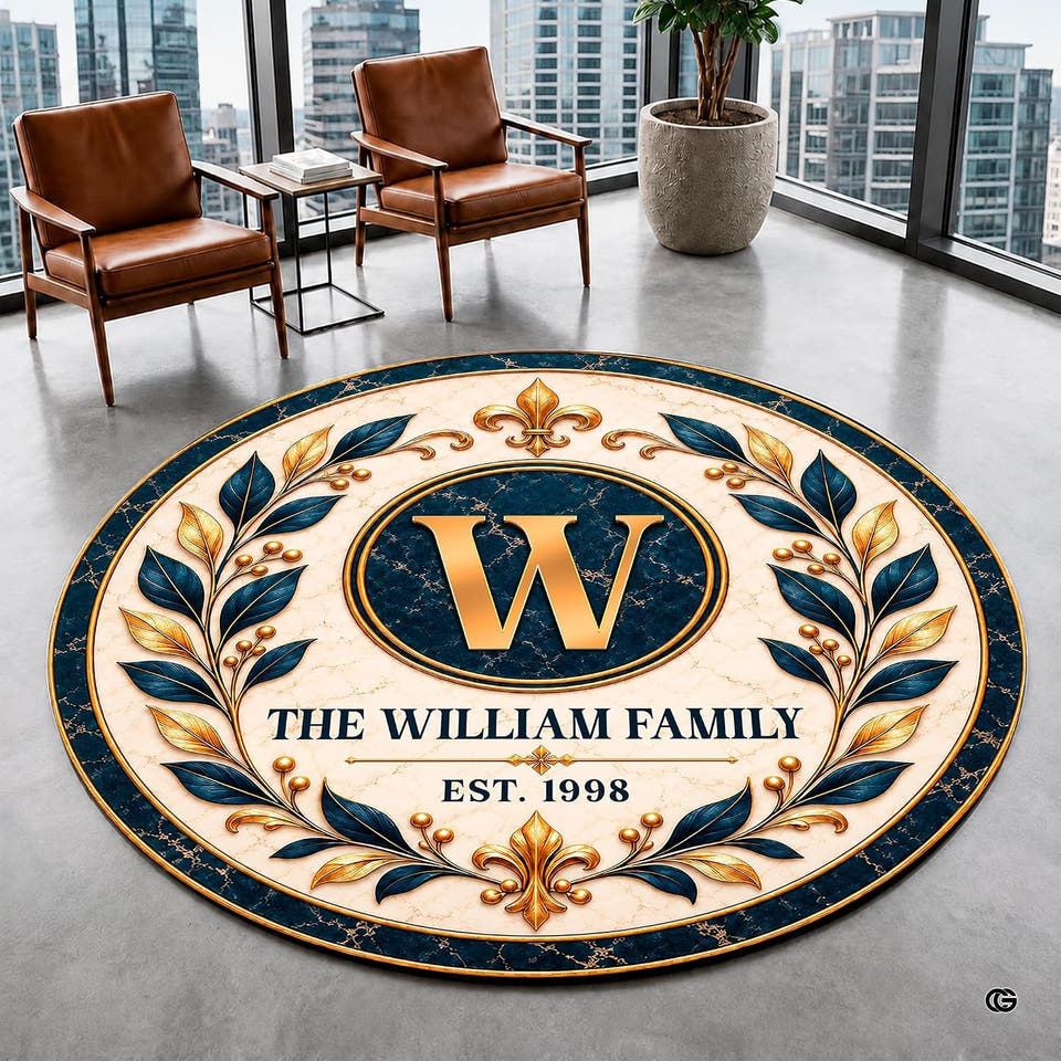 Lifestyle staging of heraldic laurel wreath round area rug on smooth concrete flooring beside urban windows