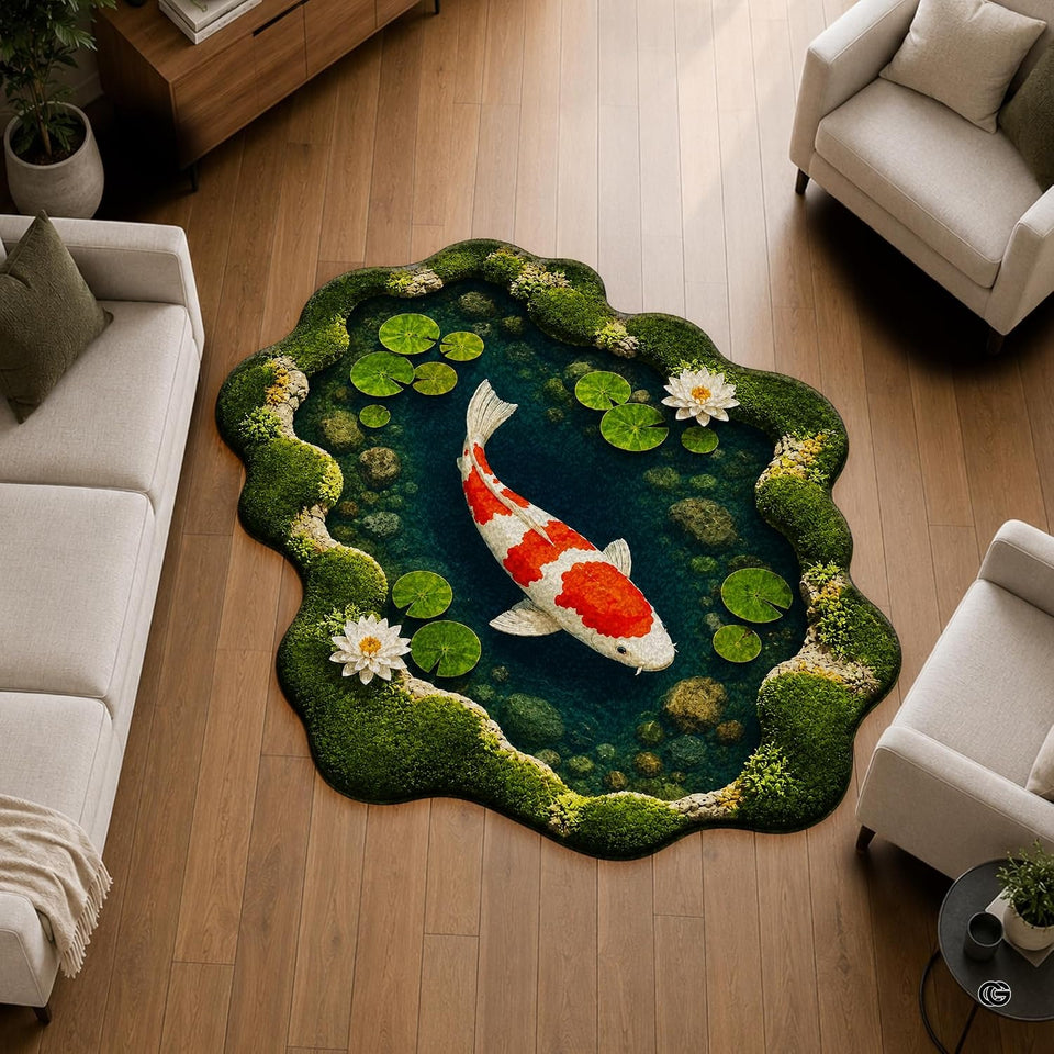 Custom Japanese Koi Fish Shaped Area Rug, Personalized 3D Optical Illusion Koi Pond Lotus Non Slip Washable Shaped Floor Mat, Fish Pond Rugs for Bedroom Living Room Decor (1, D1)