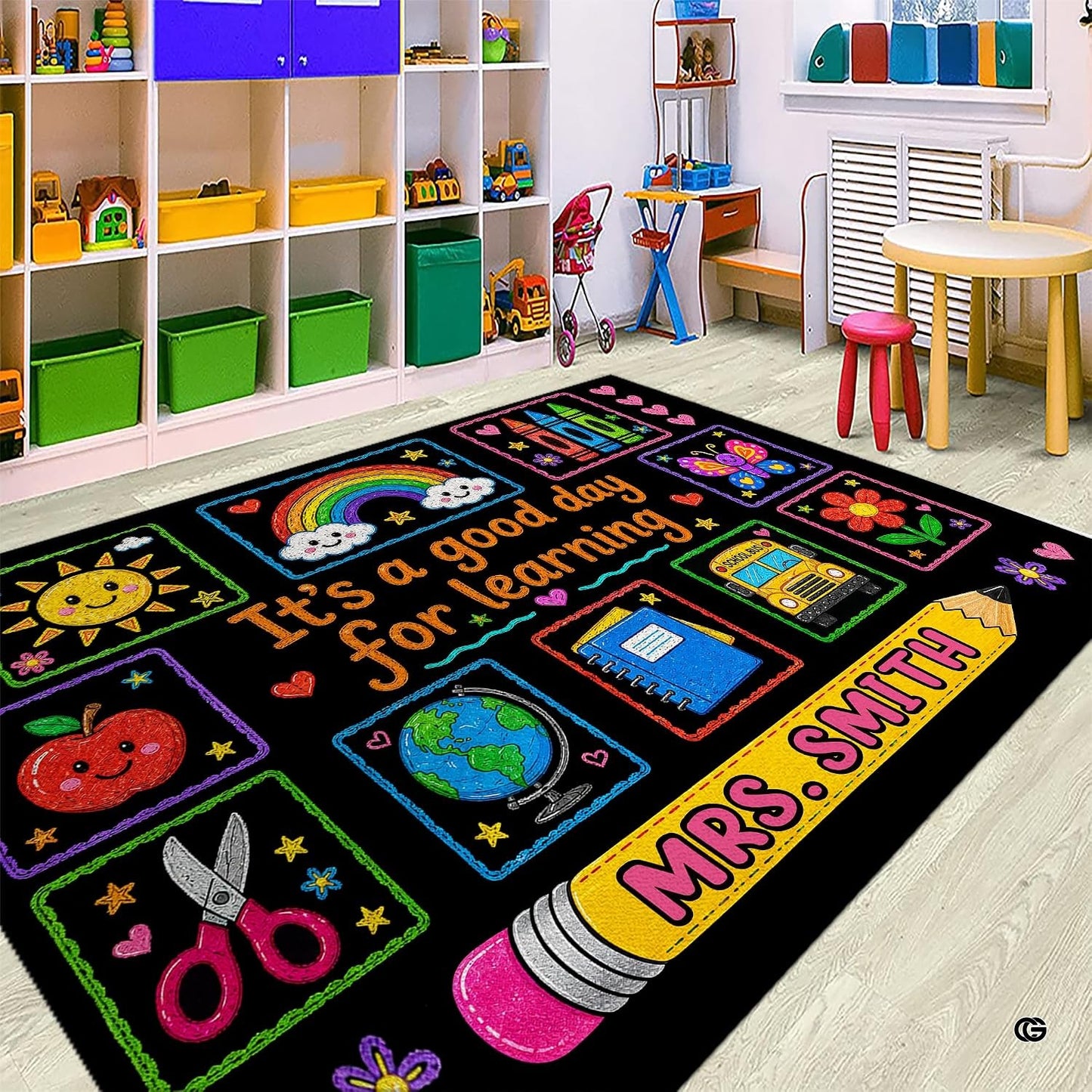 Personalized Teacher Classroom Rug, Custom Back to School Welcome Mat with Name, Kindergarten Preschool Elementary Decor, Composition Notebook Carpet (A05)