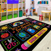 Personalized Teacher Classroom Rug, Custom Back to School Welcome Mat with Name, Kindergarten Preschool Elementary Decor, Composition Notebook Carpet (A05)