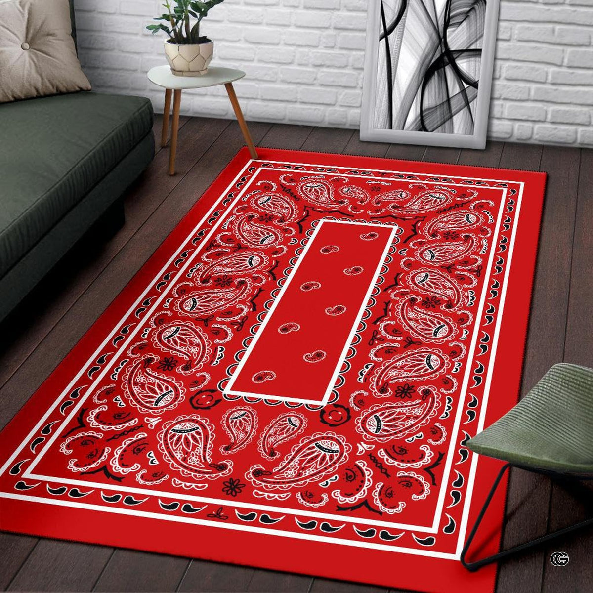 Soft low-pile microfiber fabric and foam cushioning detail of red bandana rug