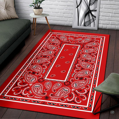 Soft low-pile microfiber fabric and foam cushioning detail of red bandana rug - thumbnail image 3 of 9