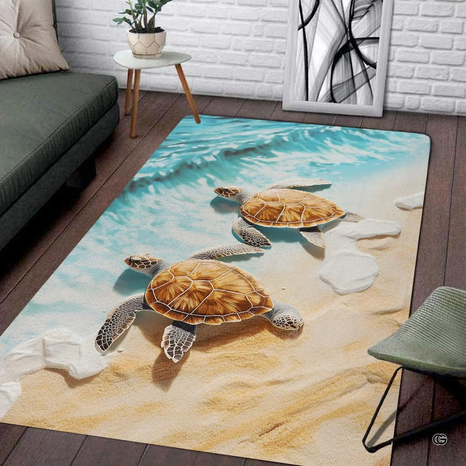 Coastal beach flooring accent rug depicting two sea turtles crawling on sunny sand toward turquoise waves.