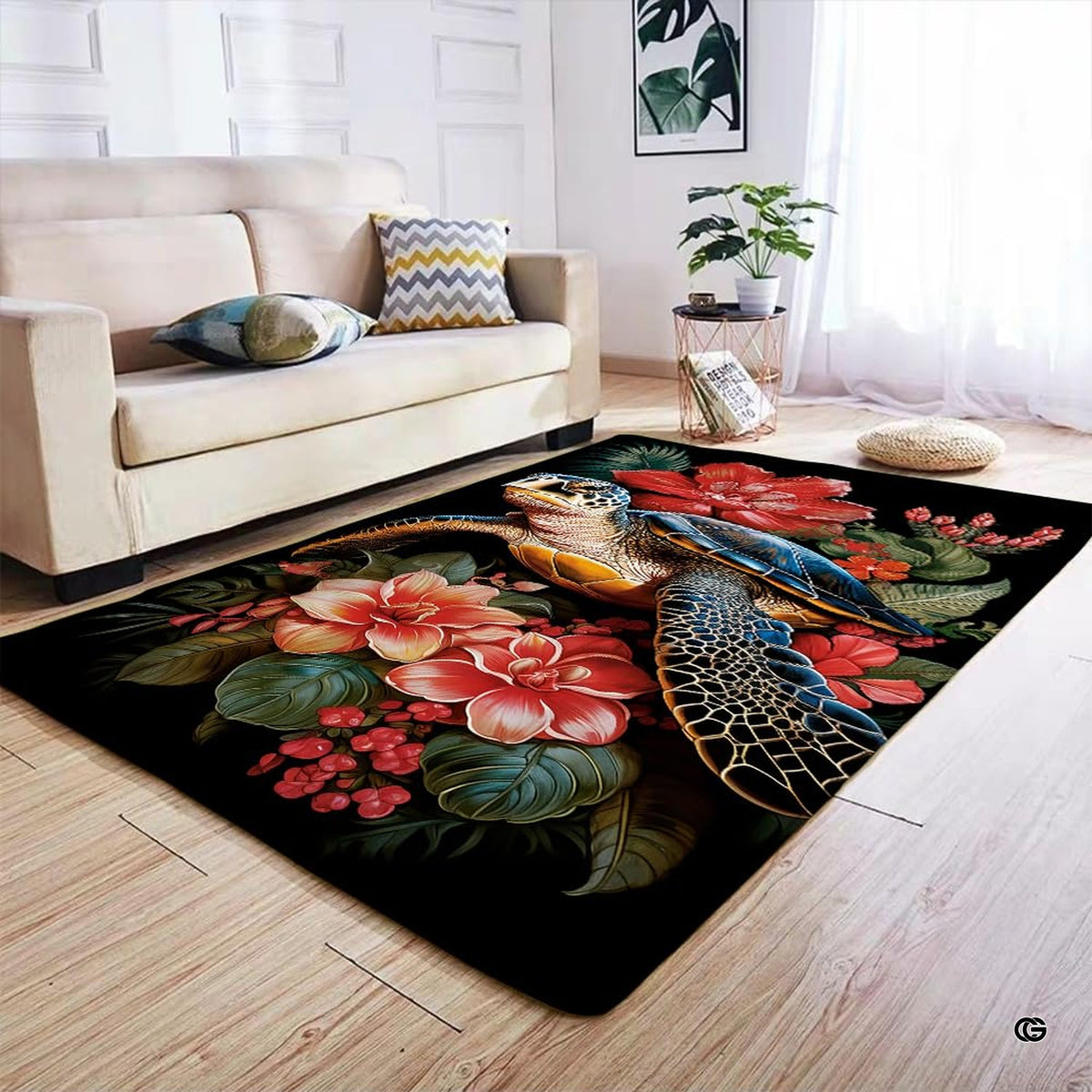 Overhead layout view of marine turtle rug highlighting lush green leaves, coral blooms, and midnight field. - image 4 of 7