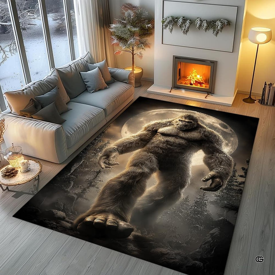 Yeti rug with a towering creature beneath a full moon