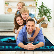 Cyber neon ice hockey player area rug styled in modern patio seating setup - thumbnail image 5 of 7