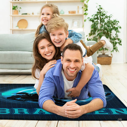 Cyber neon ice hockey player area rug styled in modern patio seating setup - thumbnail image 5 of 7