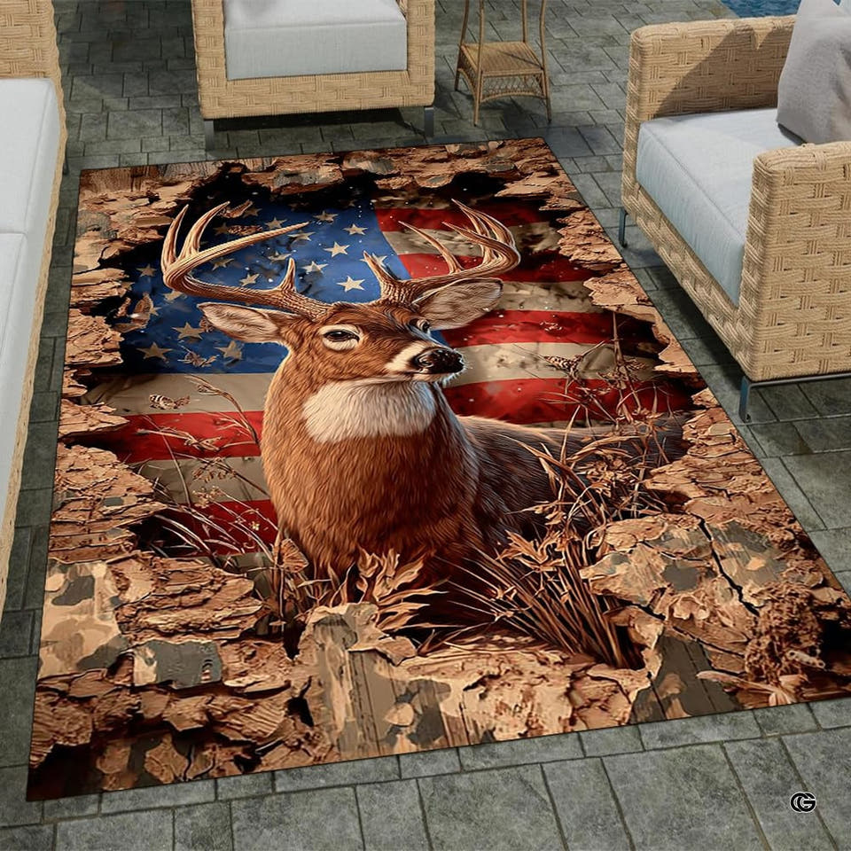 Whitetail buck deer and rustic American flag area rug centered on a wooden floor.