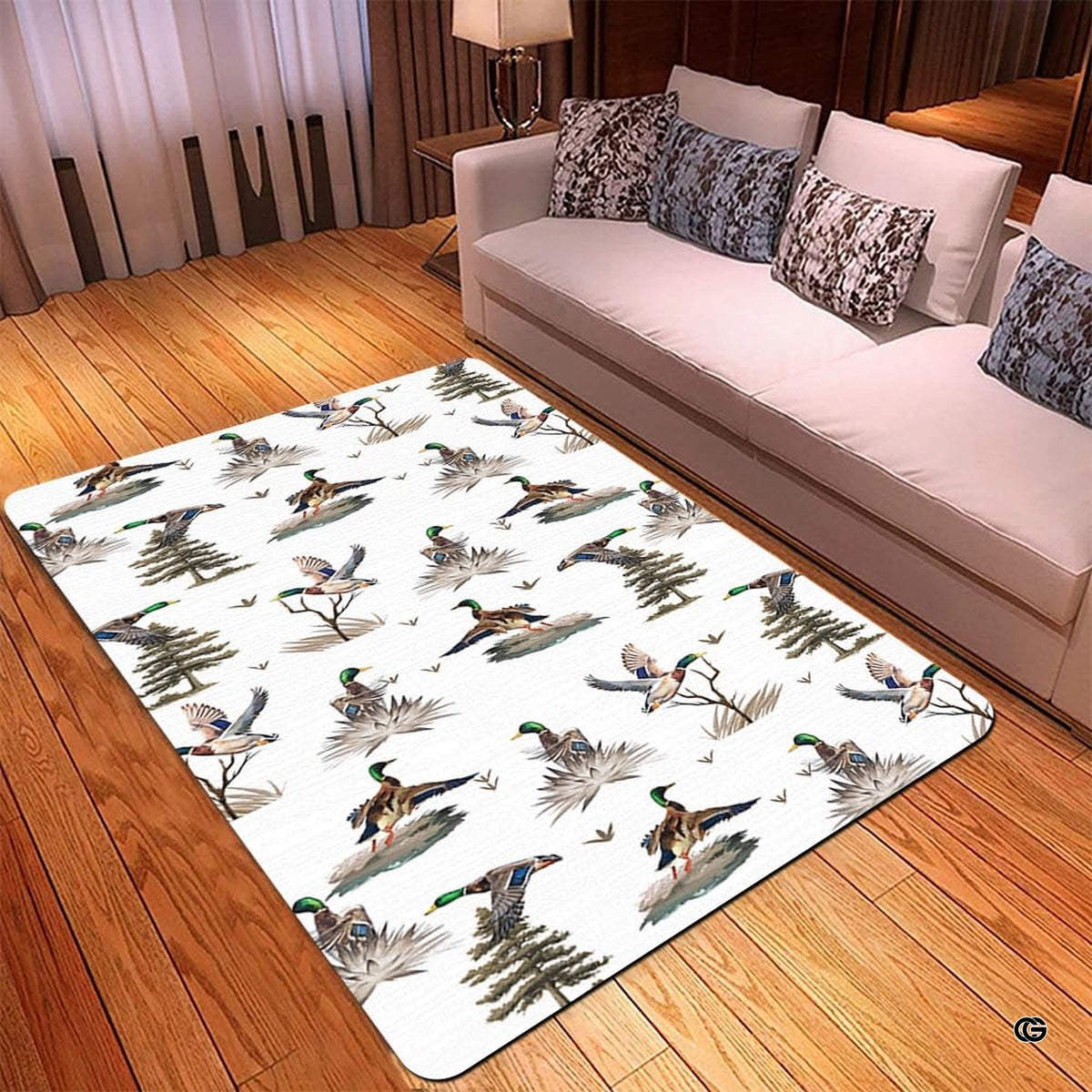Corner perspective of mallard duck pattern area rug showcasing earthy green and blue wildlife motifs.