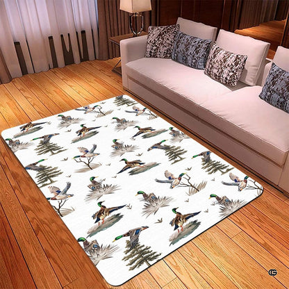 Corner perspective of mallard duck pattern area rug showcasing earthy green and blue wildlife motifs. - thumbnail image 4 of 6