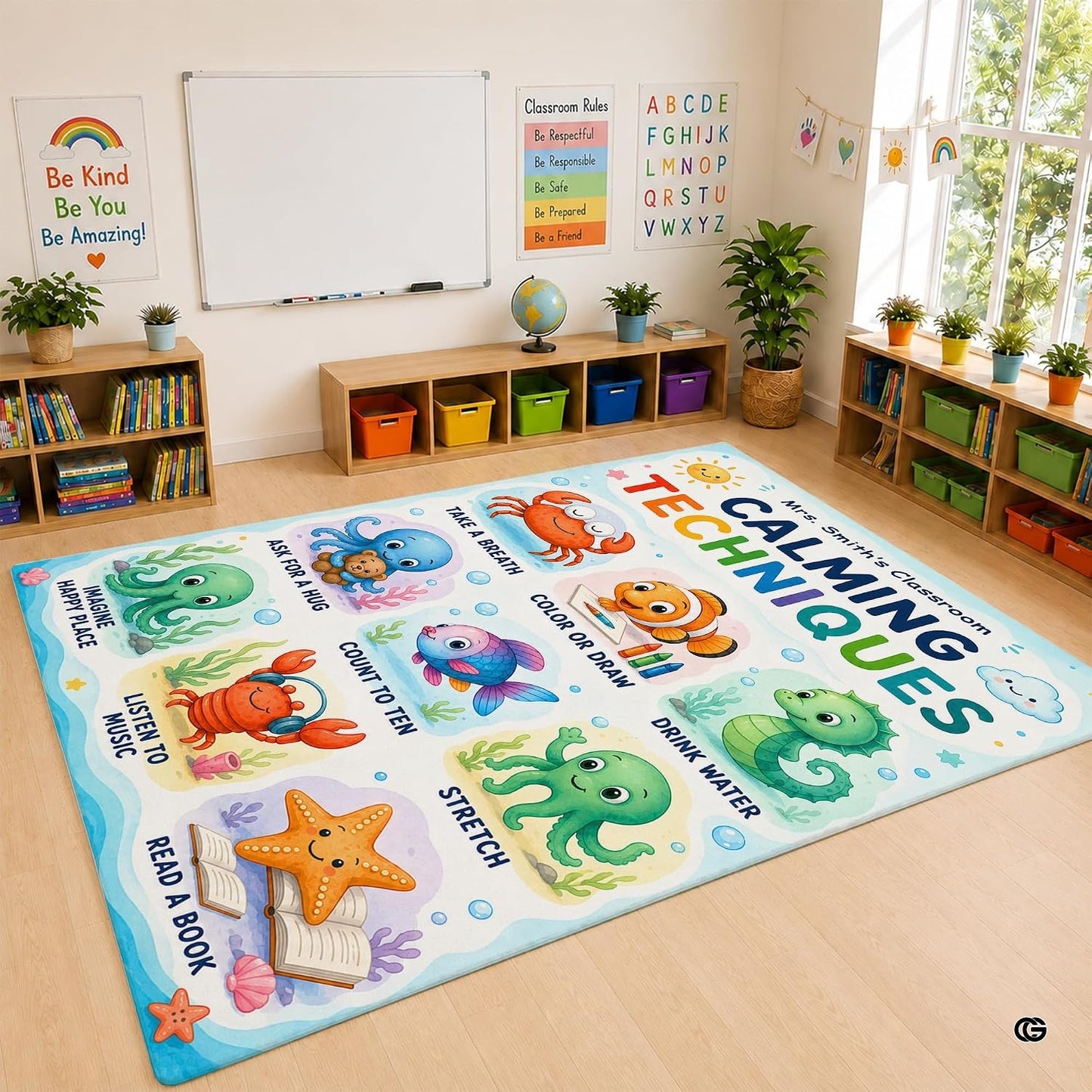 Personalized Teachers Classroom Rug, Custom Teacher Name Classroom Rules Area Rug, Feeling Chart Calming Corner Mat, Kindergarten Educational Back to School Class Decor (D8)