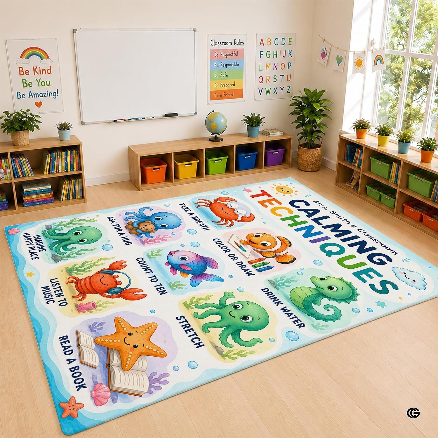 Personalized Teachers Classroom Rug, Custom Teacher Name Classroom Rules Area Rug, Feeling Chart Calming Corner Mat, Kindergarten Educational Back to School Class Decor (D8)
