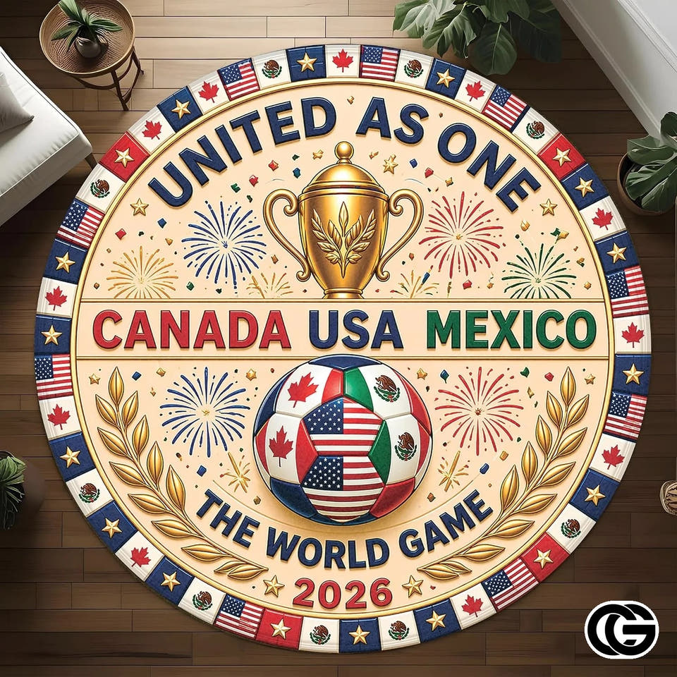Custom Soccer Round Rug with Championship Trophy and Flags - D10