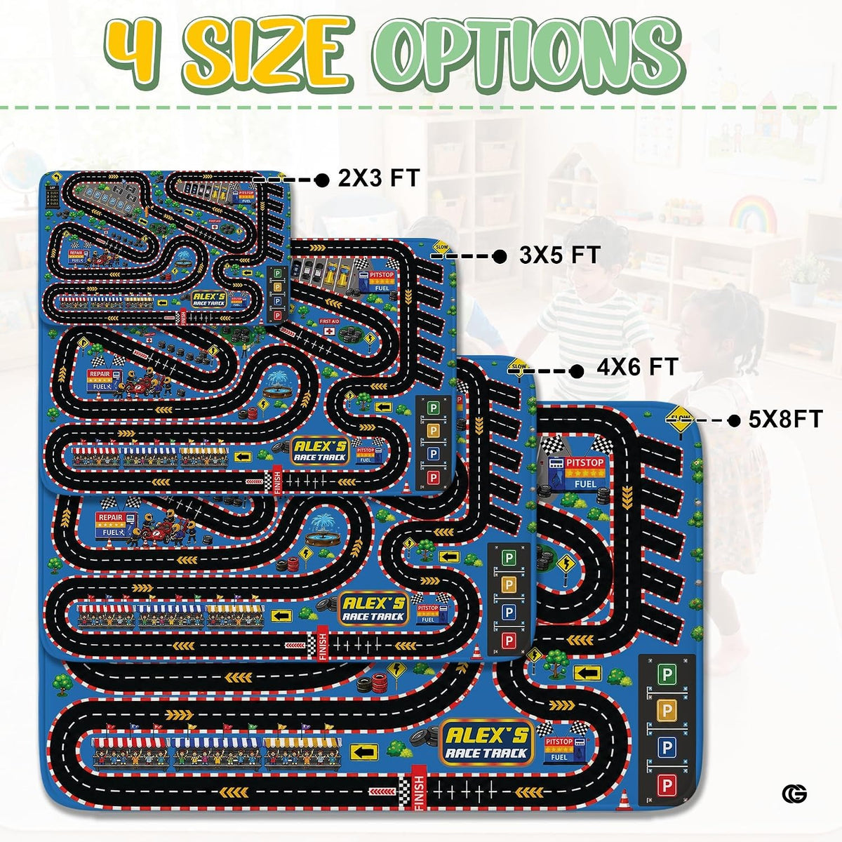 Detailed pit stop garages and parking bays on racing circuit kids play rug