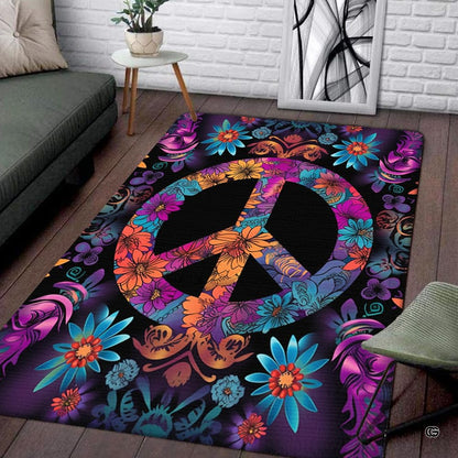 Floral peace sign hippie boho illustration rectangular area rug. - thumbnail image 1 of 5