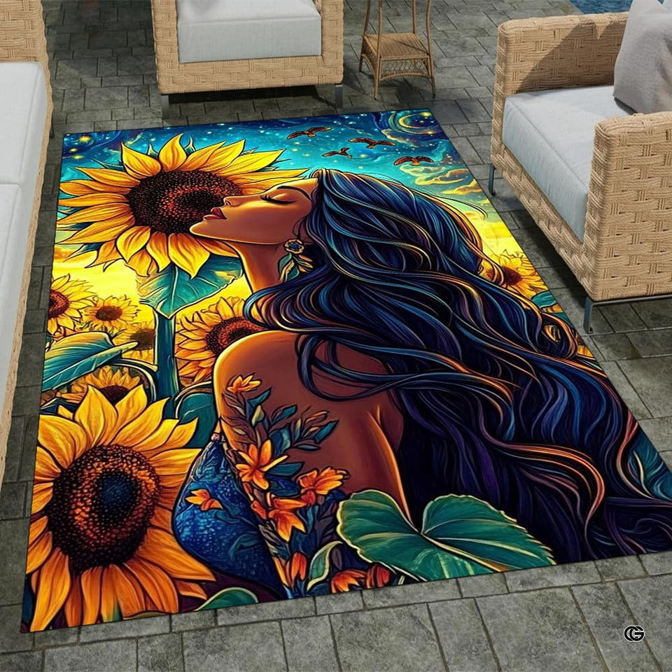 Boho floral living room area rug with sunflower illustration and celestial night sky portrait.